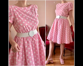 Vintage jaren 80 roze katoenen fit & flare-jurk met pofmouwen roze stippen casual L XL