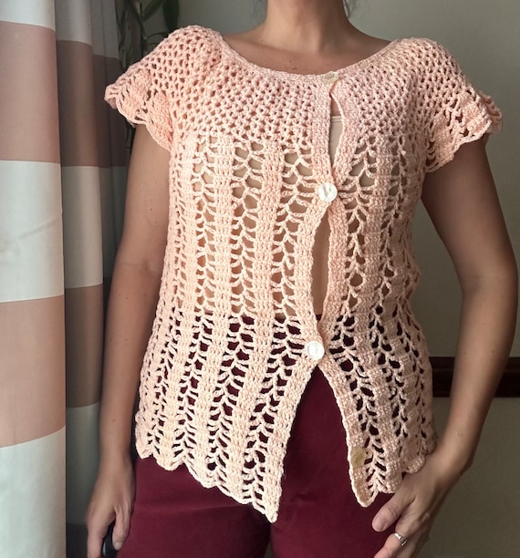 Vintage 70s Top - Peach Scalloped Crochet Shirt -… - image 8