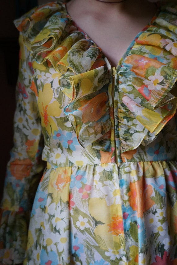 Vintage 60s Yellow floral ruffled long maxi dress… - image 7