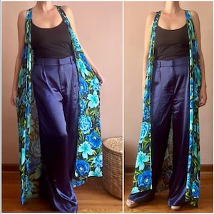 Vintage 90s Long Blue Floral Duster Vest Sleeveless Kimono Hippie Boho S M L