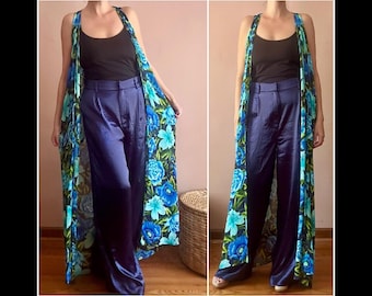 Vintage 90er Jahre Lang Blau Floral Duster Weste Ärmellos Kimono Hippie Kimono Weste S M L