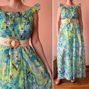 Vintage 70s Gay Gibson Blue Floral Ruffled Hippie Boho Maxi Dress L XL