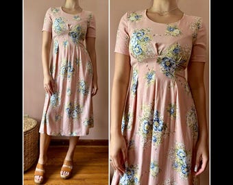 Vintage 90er Jahre Rosa Cottagecore Floral Midi Kleid Romantisch Feminin Girly XS S