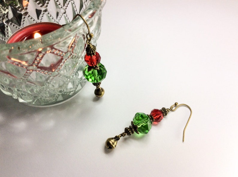 BoHoHo Free CS/&V Zipper Pull Merry Christmas Festive Sparkly Boho Red Green Crystal Bronze Jingle Dangle Xmas Earrings with Tiny Bells