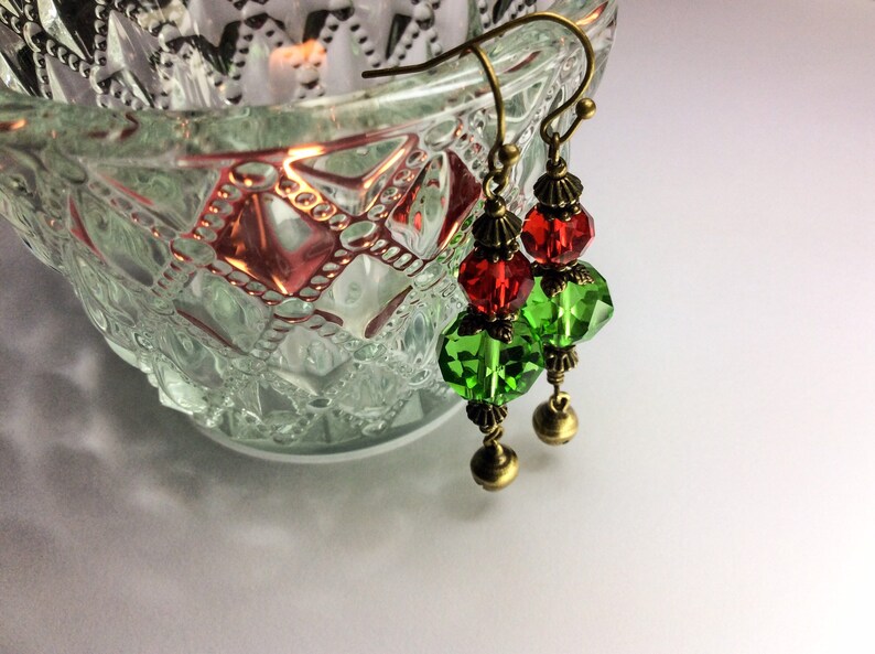 BoHoHo Free CS/&V Zipper Pull Merry Christmas Festive Sparkly Boho Red Green Crystal Bronze Jingle Dangle Xmas Earrings with Tiny Bells
