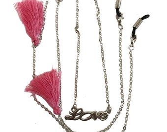 Pink Tassel & Coin Silver Chain avec lunettes de soleil 'Love' Porte-lunettes de soleil