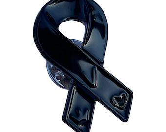 New Black Ribbon Metal Lapel Pin Embossed Heart & Crown, Mourning Funeral