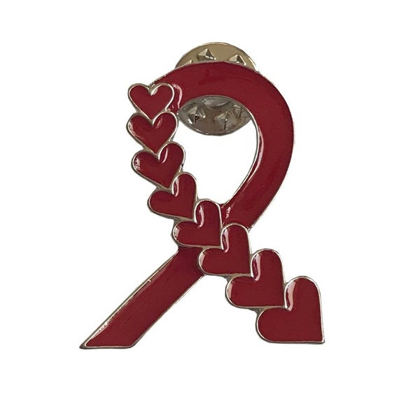 Red Heart Ribbon Awareness Brooch Lapel Pin HIV Aids Stroke Heart Disease