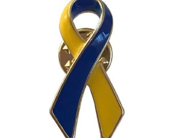 New Blue / Yellow Awareness Metal Ribbon Pin Butterfly Clasp Back