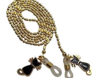 Black Cat Charm Glasses / Sunglasses Chain, Gold Ball & Rectangle Link