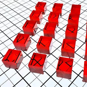 May include: A collection of translucent red cubes with black linear designs inside, arranged on a white grid with black lines. The cubes are evenly spaced, creating a visually interesting pattern. The lighting highlights the depth and texture of the cubes.