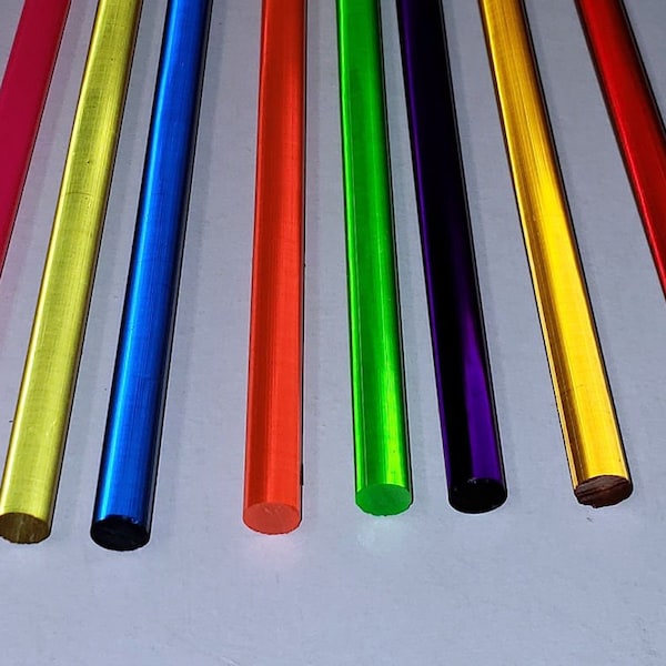 8 Different 1/4” inch Diameter Clear Translucent Acrylic Plexiglass Lucite Rods Pink, Yellow, Blue, Orange, Green, Purple, Amber, Red