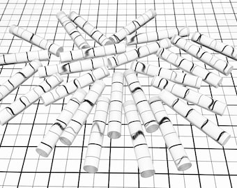 May include: An overhead shot shows numerous white cylindrical objects with black wavy patterns, arranged in a radial pattern against a grid background. The objects appear to be made of a smooth material.
