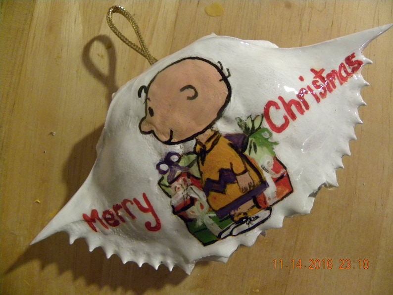 Charlie Brown wishing Merry Christmas handpainted Maryland crab shell ornament. Packaged in a plastic container with coordinated shred image 1