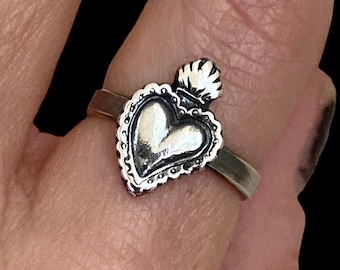 Sterling Silver Sacred Heart Ring, Sacred Heart Ring, Silver Heart Ring/ Milagros Ring, Flaming Heart Ring