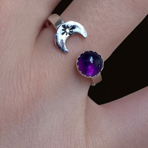Adjustable Amethyst Sterling Silver Ring: Crescent Moon Celestial Jewelry