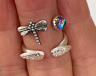Adjustable Dragonfly Ring/ Dragonfly Ring/ Aura Quartz Ring/ Silver Dragonfly Ring/ Angel Dainty Ring /Dragonfly Jewelry/Insect Jewelry