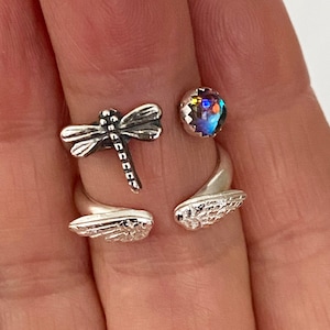 Adjustable Dragonfly Ring: Argentium Sterling Silver, Aura Quartz