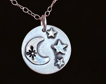 Silver Moon and stars charm necklace, Celestial Gift, Constellation Necklace