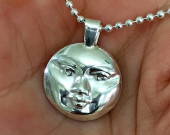 Silver Moon Pendant, Moon Face  Necklace, Moon Necklace, Full Moon Pendant, Celestial Jewelry, Moon Jewelry, Moon Phase Jewelry