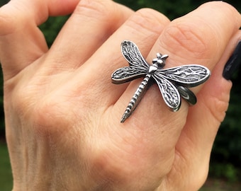 Sterling Silver Dragonfly Ring, Insect Jewelry, Handcrafted Fine Silver Statement Ring