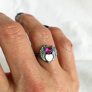 Winged Heart Ring, Flying Heart Ring, Gemstone Heart Ring, Heart with Wings Ring, Sterling Heart Ring, Winged Silver Heart Ring