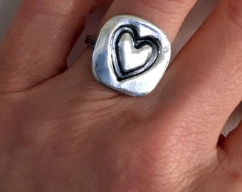 Silver Heart Ring, Heart Ring, Statement Heart Ring, Big Heart Ring, Stamped Heart Ring, OOAK Heart Ring