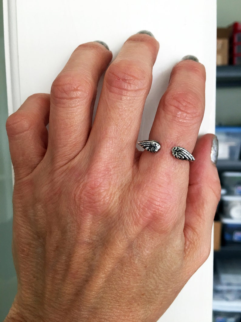 May include: A silver ring with a wing design. The ring is open and adjustable to fit different finger sizes.