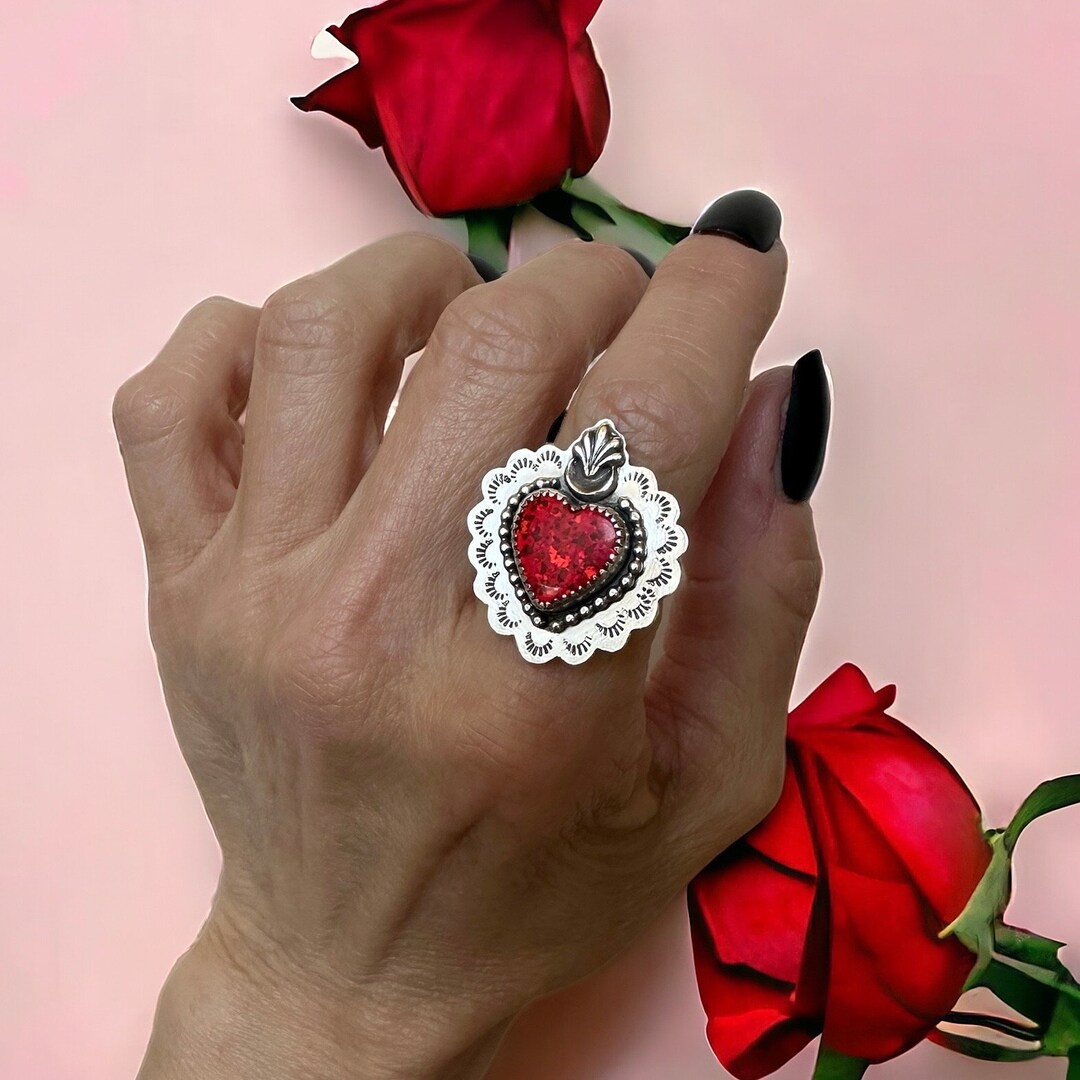 Sacred Heart Ring, Red Opal Heart Ring, Heart Sacred, Sterling Heart ...