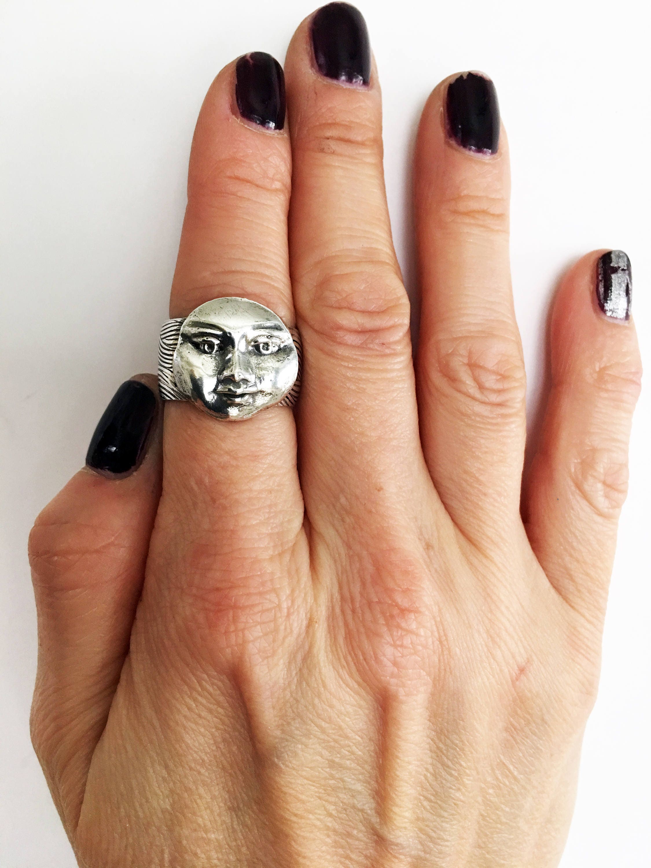 【HYERES LOR】23FW★ Champagne Full Moon Slim Silver Ring M Pure S999 Fine Silver 999 Band Men Lucky 14mm Dragon Phoenix