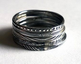 Sterling Stacking Rings/ Silver Stacking Rings/ Silver Antiqued Stacking Rings/ Textured Stacking Rings/ Rustic Thin Band