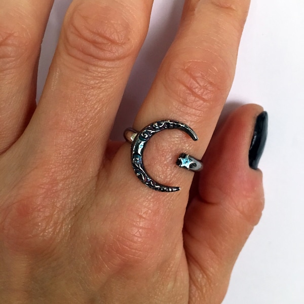 Moon and Star Ring, Moon and Star adjustable Ring, Crescent Moon RIng, Adjustable Ring, Moon Silver Ring, Star Silver Ring, Celestial Ring
