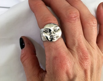 【HYERES LOR】23FW★ Champagne Full Moon Slim Silver Ring M Moon Ring, Man in the Moon Ring, Moon Face Ring, Silver Moon