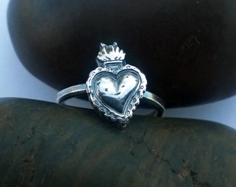 Sterling Silver Sacred Heart Ring,  Sacred Heart Ring, Silver Heart Ring, Milagros Heart Ring, Flaming Heart Ring