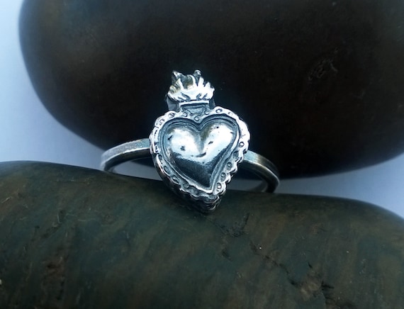 Sterling Silver Sacred Heart Ring,  Sacred Heart Ring, Silver Heart Ring, Milagros Heart Ring, Flaming Heart Ring