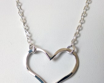 Open Heart Necklace/ Silver Open Heart Necklace/ Fine Silver Heart Pendant/ Hammered Heart Pendant/ Valentines Gifts for Her/