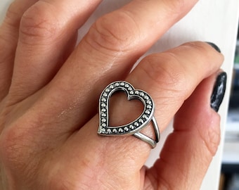Open Heart Ring, Heart Ring, Vintage Heart Ring, Curved Heart Ring, Silver Heart Ring, Heart Shaped Ring