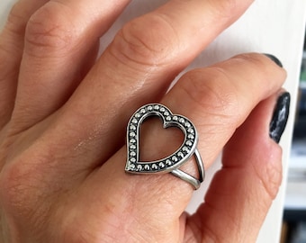 Open Heart Ring, Heart Ring, Vintage Heart Ring, Curved Heart Ring, Unique Heart Ring, Silver Heart Ring, Love Ring, Heart Shaped Ring