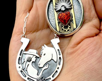 Cowgirl and Horse Sterling Horseshoe Pendant, Girl and a Horse Necklace, Silver Horse Necklace,  horseshoe pendant