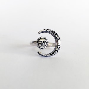 Sterling Silver Moon and Sun Ring: Adjustable Celestial Jewelry