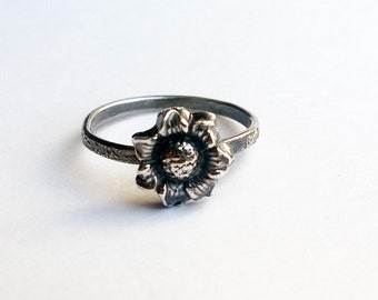 Silver Sunflower Ring, Sunflower Ring, Flower Stacking Ring, Antiqued Sunflower Ring, Flower Ring, Rustic Flower Ring, Fine Silver Ring