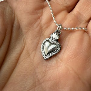 Silver Flaming Heart Necklace, Mexican Sacred Heart of Jesus