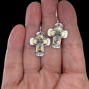 Silver cross earrings, Milagros earrings, mixed metal crosses, Christian earrings