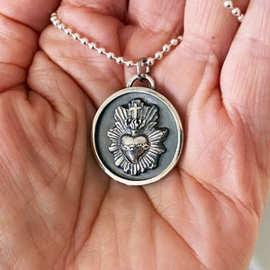 Sacred Heart Pendant, Flaming Heart Pendant, Sacred Heart Charm, Flaming Heart Charm, Miagros Necklace, Confirmation Gift, Christian Jewelry