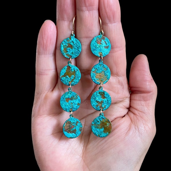 Patina Earrings/ Patina Drop Earrings/ Verdigris Patina Earrings/ Rustic Patina Earrings/ Boho Chic/ Long Patina Earrings/ Old World Beauty