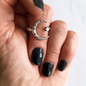 Moon and Star Ring, Moon and Star adjustable Ring, Crescent Moon Ring, Adjustable Ring, Moon Silver Ring, Star Silver Ring, Celestial Ring