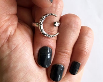 Moon and Star Ring, Moon and Star adjustable Ring, Crescent Moon Ring, Adjustable Ring, Moon Silver Ring, Star Silver Ring, Celestial Ring