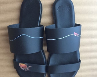 black sandals, hand-painted sandals, leather sandals, comfortable sandals, unique sandals,