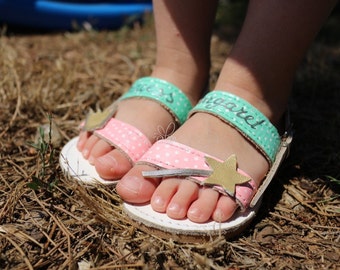 Girl's sandals, white sandals, pink sandals, princess sandals, dotty sandals, handmade sandals,handcrafted sandals, genuine leather sandals