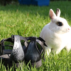 May include: A pair of black leather sandals with a moon and tree design on the straps. The sandals are sitting on green grass next to a white rabbit.